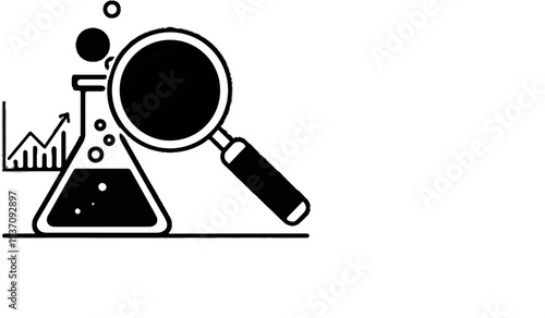 Scientific flask with bubbles, magnifying glass, and upward trending graph