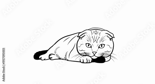 Black and white line drawing of a Scottish Fold cat lying down