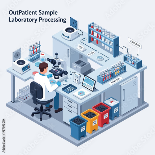 Outpatient Sample Laboratory Processing Isometric Illustration.