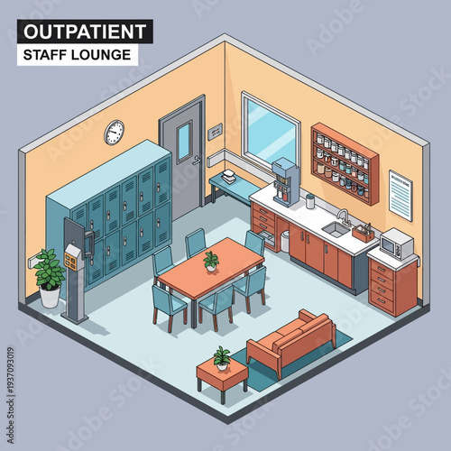 Outpatient Staff Lounge with Lockers and Kitchenette.