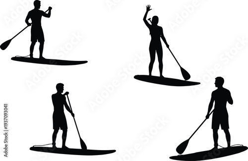 Detailed black silhouette collection of men and women stand up paddleboarding on water with paddles isolated on white background.