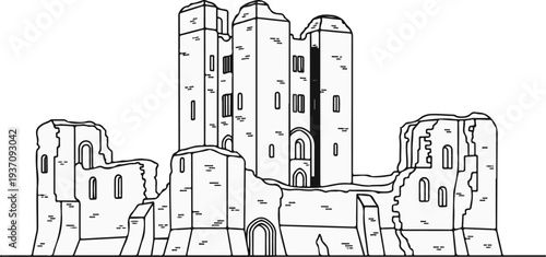 Stylized outline of imposing, dilapidated castle ruins with tall towers