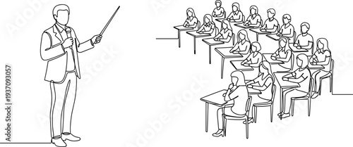 Continuous line drawing of a male teacher giving a lecture to a group of students sitting at desks in classroom.