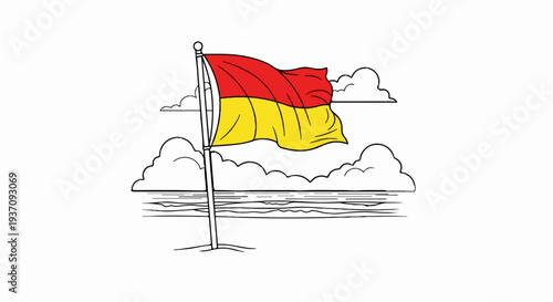 Red and yellow flag waves on beach with sea and clouds