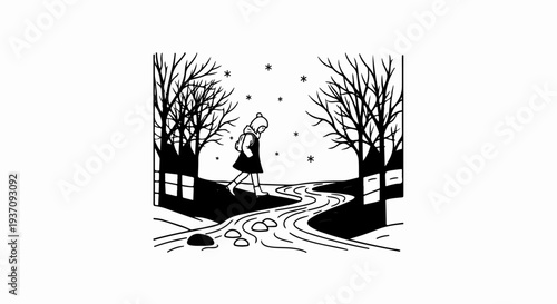 Child walks by a winding stream past leafless trees as snowflakes fall