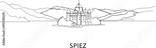 Lakeside castle with mountainous background and trees