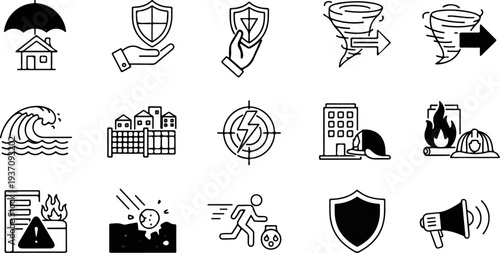 Collection of icons depicting disasters, safety measures, and protection