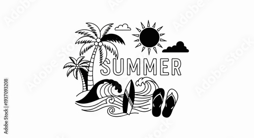 Black and white illustration of a tropical beach scene with palm trees, sun, and waves