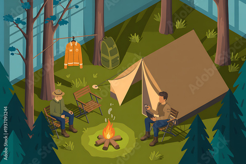 Friends enjoying a peaceful camping trip in the woods together