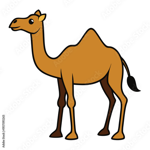 Animated camel with brown fur and black outline stands on a white background