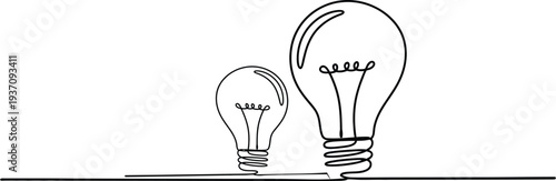Continuous one line drawing of two light bulbs representing creative ideas innovation inspiration and growing business solutions on a white background.