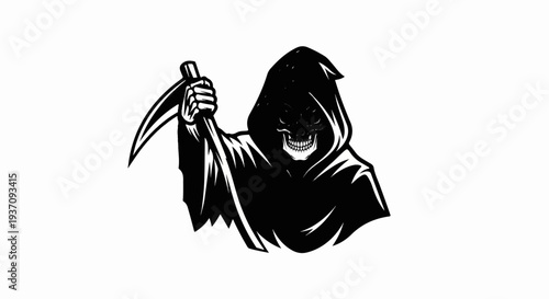 Grim reaper, cloaked figure with a scythe, skull face, and menacing expression