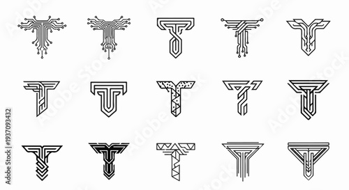 Fifteen abstract "T" letter designs with geometric and circuitry motifs