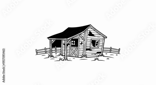 Dilapidated wooden shack with a broken window and patchy roof