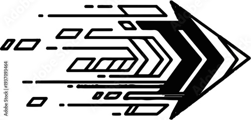 Dynamic black abstract arrow with motion blur effect and geometric shapes