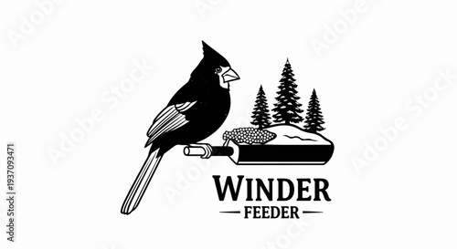 Black and white illustration of a cardinal perched on a feeder with corn and pine trees
