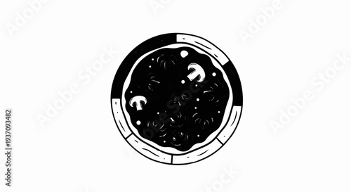 A black and white illustration of a mushroom pizza with a thick crust