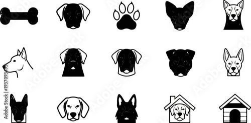 Collection of stylized dog portraits, paw print, bone, and dog house icons