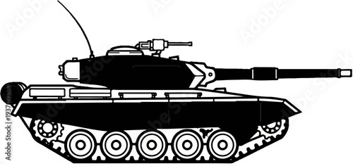 Black and white line drawing of a military combat vehicle with treads and cannon