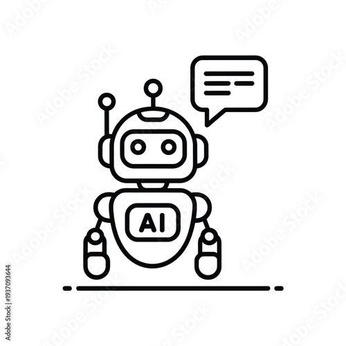 Line art illustration of a robot with a speech bubble