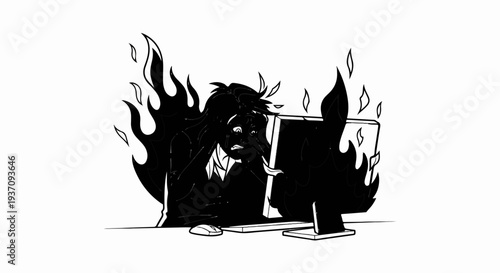 Person in distress surrounded by flames at a computer