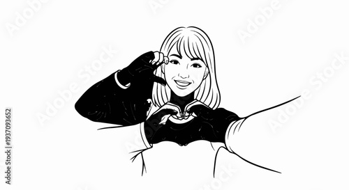 A person smiles, forming a heart with their hands, wearing a dark shirt