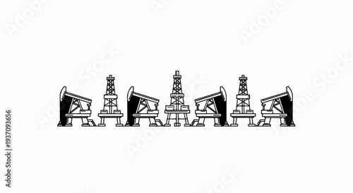 Black and white illustration of multiple oil rigs in a line