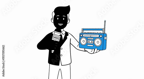 Reporter with microphone and boombox