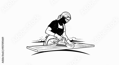 Person wearing safety gear sands wood with an electric sander