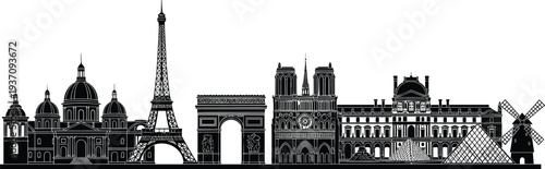 Paris France Landmark Skyline Silhouette with Eiffel Tower, Notre Dame, Arc de Triomphe and Louvre Pyramid Famous Architecture Vector Cityscape
