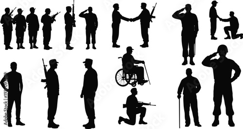 Detailed black silhouette collection of soldiers in uniform including saluting standing and veterans in wheelchairs isolated on white background.