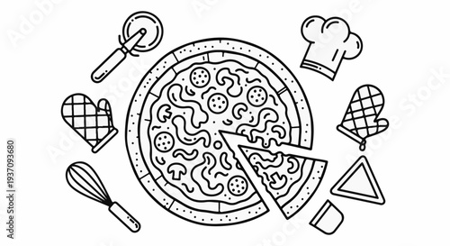 A pizza and kitchen tools chef hat, oven mitts, whisk, cutter, slice