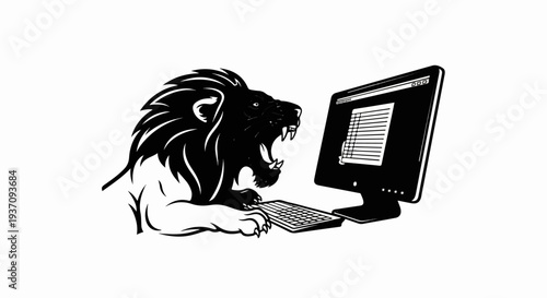 A roaring lion typing on a computer keyboard and screen