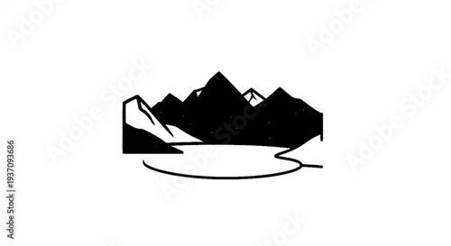 Black silhouette of jagged mountains reflected in a calm, dark body of water