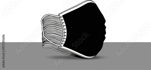 Black and white illustration of an open book with pages fanned out