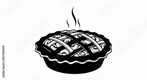 Black and white illustration of a steaming fruit pie with a lattice crust