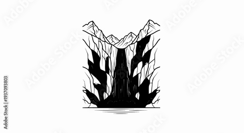 Striking black and white illustration of a waterfall cascading down jagged mountains