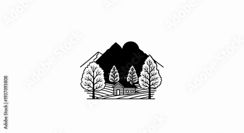 Stylized black and white illustration of a rural mountain scene with a cabin