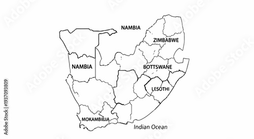 Outline map showing South Africa and surrounding nations