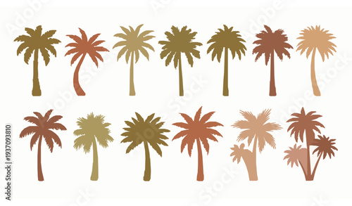 Assorted tropical palm tree silhouettes in earth tone colors minimalist nature vector set