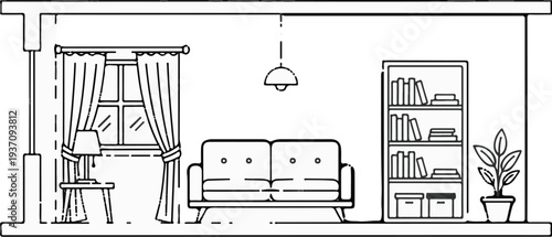 Cozy living room interior with a couch, bookshelf, window with curtains, and a potted plant