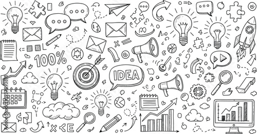Hand drawn business doodle set with creative ideas startup symbols light bulbs target marketing icons and growth charts on white background