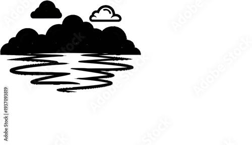 Dark clouds hover over a rippling water surface, reflecting the moody sky