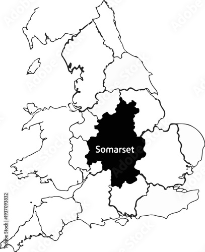 Black outlined map of England highlighting the region of Somerset