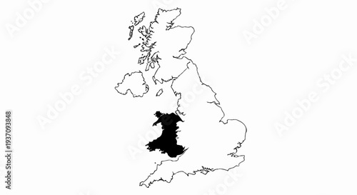 A stark, high-contrast map silhouette highlighting the country of Wales