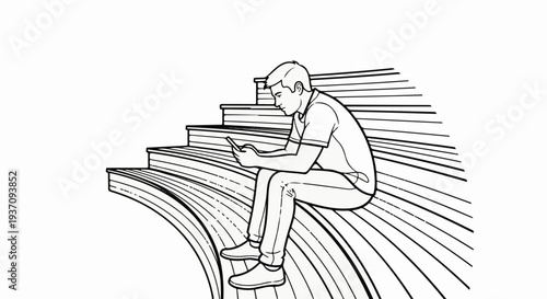 Person sitting on steps looking at phone with radiating lines