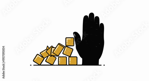 Black silhouette of a hand stopping a pile of golden cubes from falling