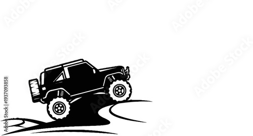 Stylized black off-road vehicle climbing a dirt track with motion lines