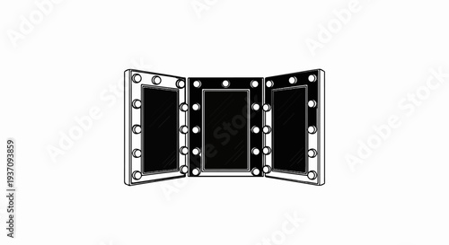A tri-fold vanity mirror with many light bulbs around each mirror