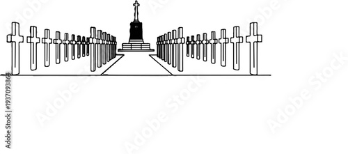 Rows of crosses leading to a central monument under a sky